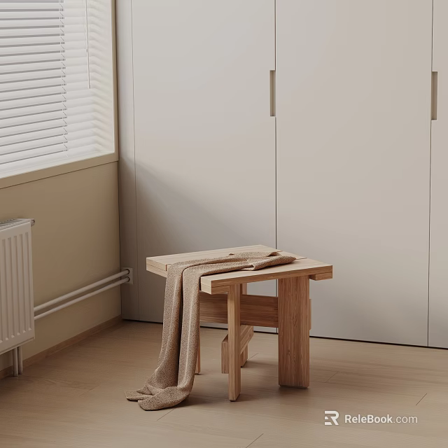 Wooden Side Table with Blanket in Minimalist Interior Near White Cabinets and Window 3d model 