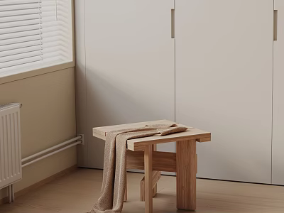 Wooden Side Table with Blanket in Minimalist Interior Near White Cabinets and Window 3d model