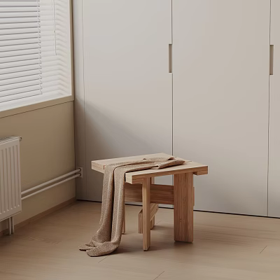 Wooden Side Table with Blanket in Minimalist Interior Near White Cabinets and Window 3d model