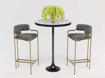 Modern Bar Setup With Round Black Tabletop Gold Leg Bar Stools And Green Plant 3d model