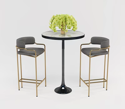 Modern Bar Setup With Round Black Tabletop Gold Leg Bar Stools And Green Plant 3d model