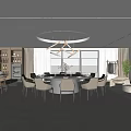 Modern Private Room Interior With Round Dining Table Sofa Chandelier And Large Windows