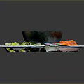 Fresh Salmon Fillet Served with Rice Noodles Lettuce on White Plate and Colorful Square