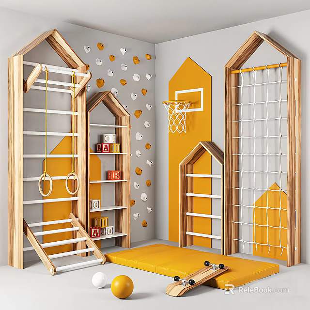 Indoor Children Play Equipment With Climbing Frame Rope Net Swing And Safety Mat 3d model 