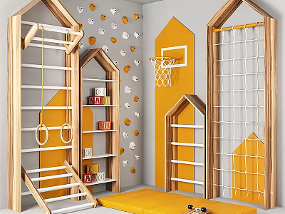 Indoor Children Play Equipment With Climbing Frame Rope Net Swing And Safety Mat 3d model