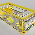 Yellow Exhibition Booth Design With Multiple Display Areas And Decorative Elements 3d model