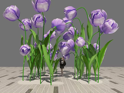 Photo Check In Spot With Purple Tulips Green Stems And Leaves On Wooden Floor 3d model