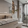 Modern Bathroom Interior With Marble Countertop Backlit Mirror Glass Shower Enclosure Toilet And Green Plant