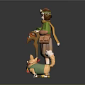 Man in Green Outfit With Helmet Goggles Cane Brown Bag and Corgi With Ice Cream