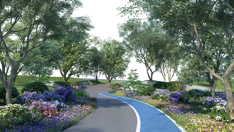 Scenic Park Landscape With Lush Green Trees Colorful Flowers And Curved Blue Pathway 3d model 