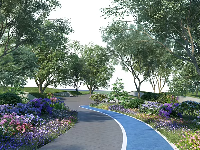 Scenic Park Landscape With Lush Green Trees Colorful Flowers And Curved Blue Pathway 3d model