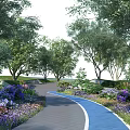 Scenic Park Landscape With Lush Green Trees Colorful Flowers And Curved Blue Pathway