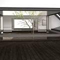 Minimalist Cultural Center Interior With Wooden Floor And Small Tree Design