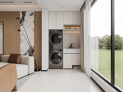 Modern Balcony Cabinet Design With Stacked Washing Machine Dryer And Countertop 3d model
