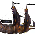 Pirate Sailing Ship with Black Skull Crossbones Flag Black Sails Wooden Deck and Illuminated Lights