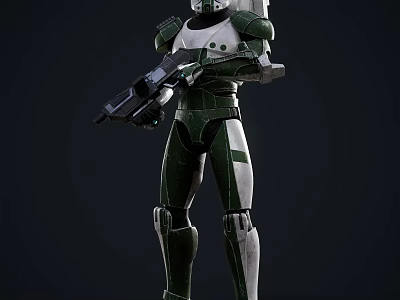 Smart Robot in Green and White Armor Holding Weapon in Standing Position 3d model