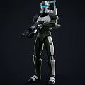 Smart Robot in Green and White Armor Holding Weapon in Standing Position 3d model
