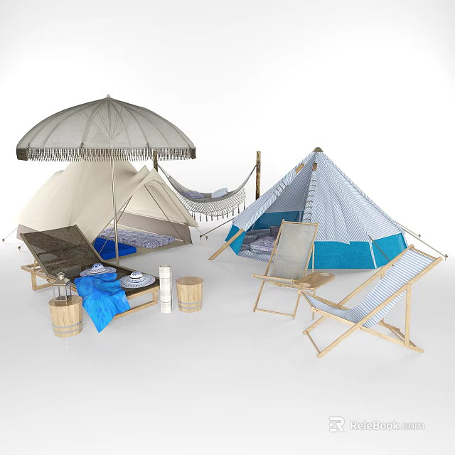 Outdoor Camping Setup With Tents Hammock Umbrella Chairs And Wooden Buckets 3d model 