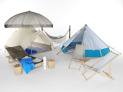 Outdoor Camping Setup With Tents Hammock Umbrella Chairs And Wooden Buckets 3d model