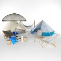 Outdoor Camping Setup With Tents Hammock Umbrella Chairs And Wooden Buckets