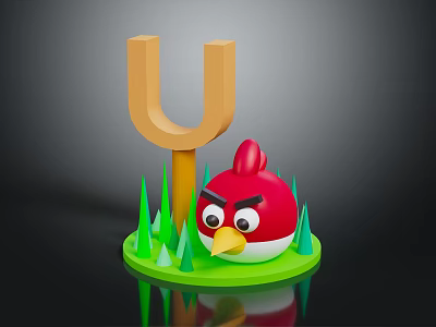 Red Angry Bird Character With Wooden Fork And Green Grass Decorative Setup 3d model