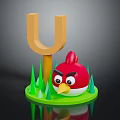Red Angry Bird Character With Wooden Fork And Green Grass Decorative Setup