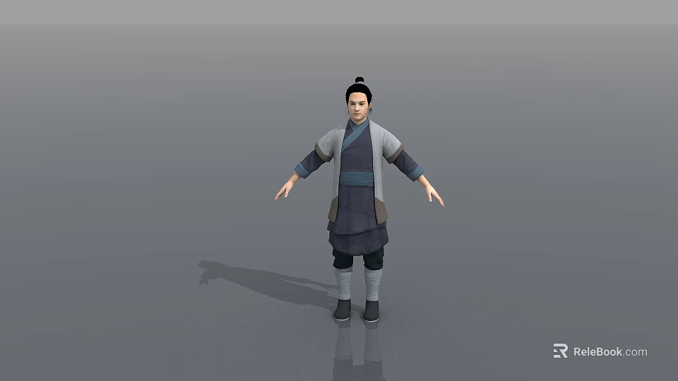 Man in traditional Chinese clothing with arms outstretched and topknot hairstyle on gray background 3d model 