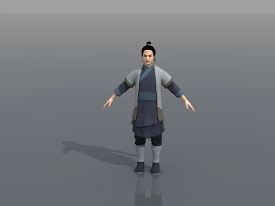 Man in traditional Chinese clothing with arms outstretched and topknot hairstyle on gray background 3d model