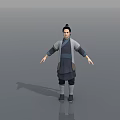 Man in traditional Chinese clothing with arms outstretched and topknot hairstyle on gray background