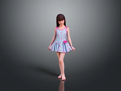Little Girl In Blue Dress With Pink Strawberry Pattern Pink Bow Barefoot On Gray Background 3d model