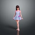 Little Girl In Blue Dress With Pink Strawberry Pattern Pink Bow Barefoot On Gray Background