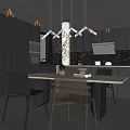 Modern Dining Table Set In Dark Kitchen With White Countertop Black Chairs And Pendant Lights