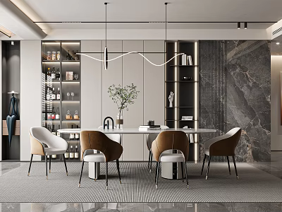 Modern Restaurant Interior With Dining Table Chairs Pendant Lights Wine Cabinets And Green Plants 3d model