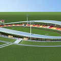 Sports Stadium With Running Track Green Football Field Digital Scoreboard And Floodlights