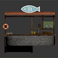 Wooden Waterfront Stall With Red Roof Fish Sign Lifebuoy And Stone Pond