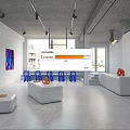 Modern Café Interior With White Furniture Blue Chairs And Abstract Art