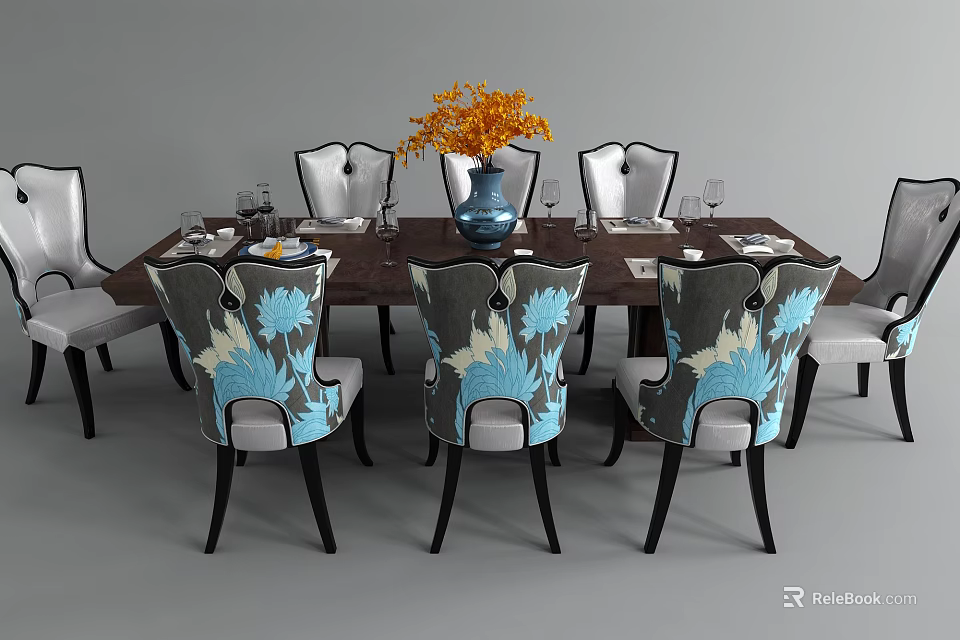 Dining Table Set With Dark Wooden Table Blue Floral Pattern Chairs And Orange Flower Vase 3d model 