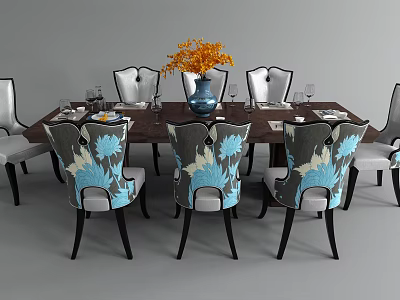 Dining Table Set With Dark Wooden Table Blue Floral Pattern Chairs And Orange Flower Vase 3d model
