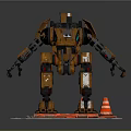 Orange Mechanical Robot Character With Black White Details Platform Traffic Cone And Tools