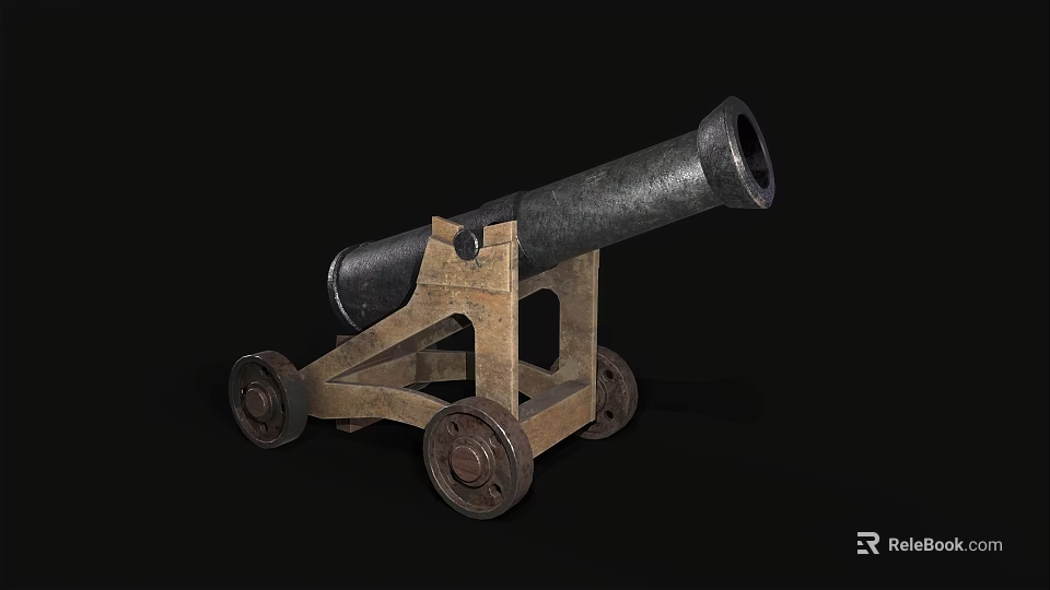 Antique Weapon Cannon With Black Barrel Wooden Carriage And Wheels 3d model 