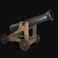 Antique Weapon Cannon With Black Barrel Wooden Carriage And Wheels