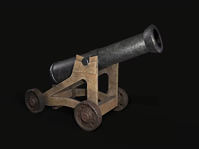 Antique Weapon Cannon With Black Barrel Wooden Carriage And Wheels 3d model