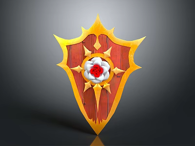Golden Accented Red Wooden Shield With Central White Red Flower Star Accents 3d model