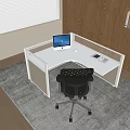 L Shaped White Office Desk With Partition Laptop And Black Mesh Chair On Gray Rug
