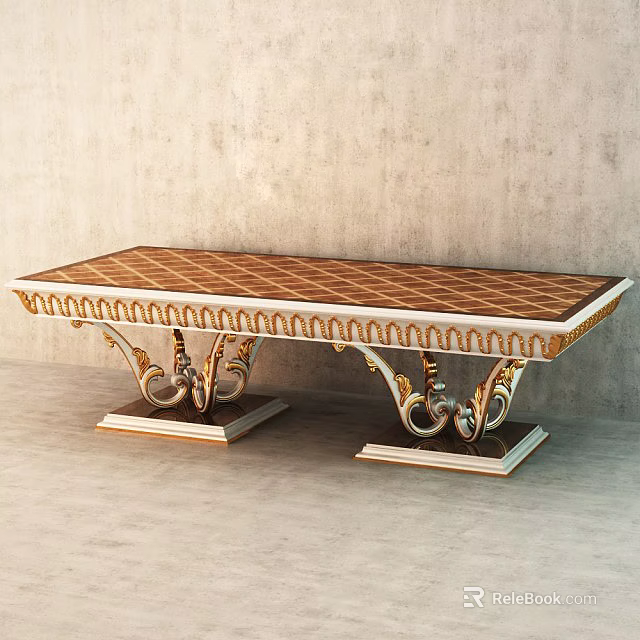 Classic Coffee Table With Checkerboard Marble Top And Gold Ornate Carved Legs 3d model 