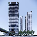 Modern High Rise Residential Buildings With Glass Facades Against Clear Blue Sky