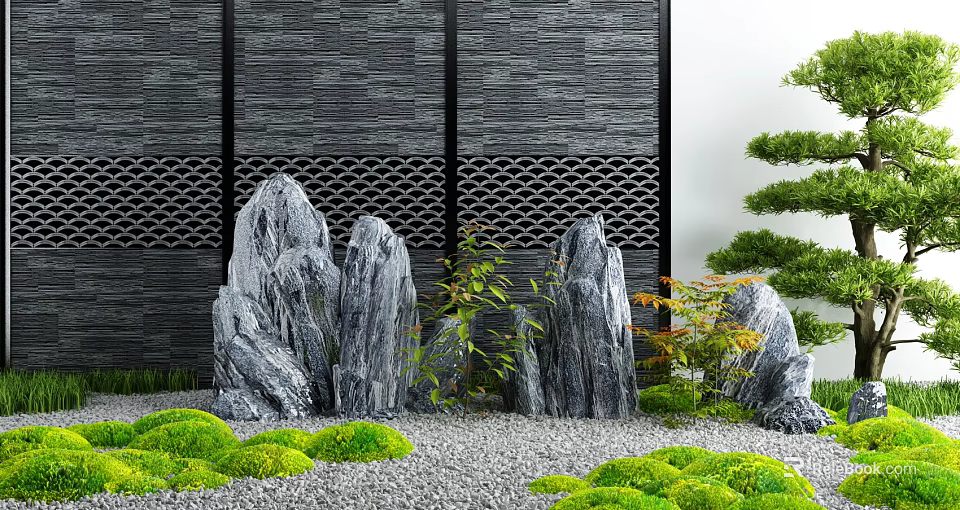 Serene Courtyard Garden With Gray Stone Wall Lattice Design Decorative Rock Formations Green Mossy Patches 3d model 