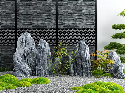 Serene Courtyard Garden With Gray Stone Wall Lattice Design Decorative Rock Formations Green Mossy Patches 3d model