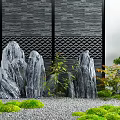 Serene Courtyard Garden With Gray Stone Wall Lattice Design Decorative Rock Formations Green Mossy Patches