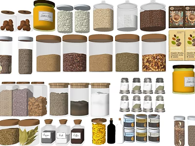 Various Spice Jars With Wooden Lids For Storing Grains Seeds And Condiments In Kitchen 3d model